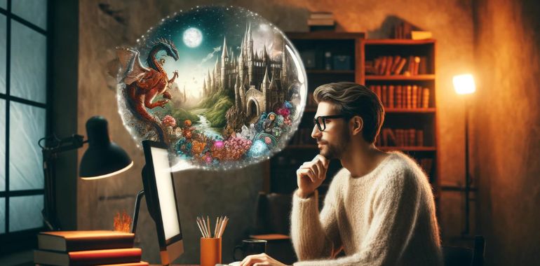 Male Fantasy Author at computer envisioning their fantasy world